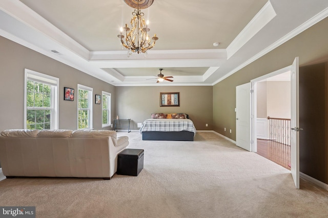 21550 Wild Timber Ct, Broadlands, VA 20148 - carpeted bedroom with a raised ceiling, ornamental molding, a chandelier, and a ceiling fan