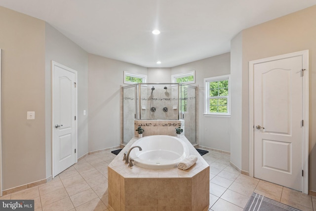 21550 Wild Timber Ct, Broadlands, VA 20148 - full bathroom featuring a stall shower, a bath, tile patterned floors, baseboards, and recessed lighting
