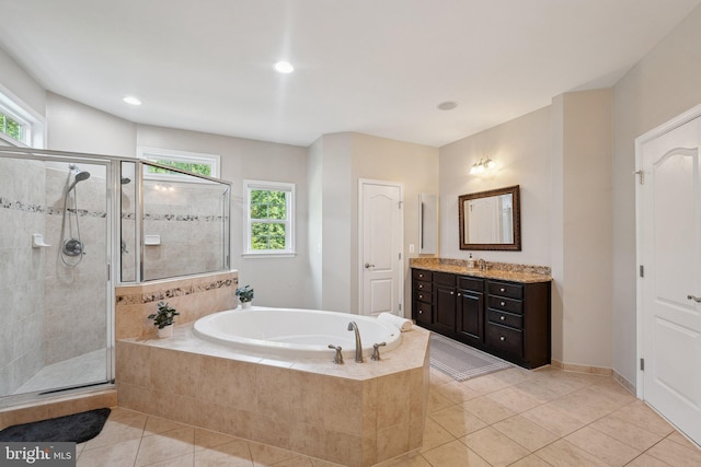 21550 Wild Timber Ct, Broadlands, VA 20148 - full bathroom featuring a bath, vanity, a stall shower, healthy amount of natural light, and recessed lighting