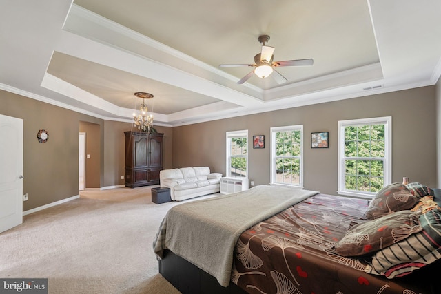 21550 Wild Timber Ct, Broadlands, VA 20148 - bedroom with a tray ceiling, ornamental molding, light carpet, baseboards, and a chandelier