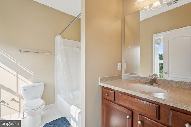 21550 Wild Timber Ct, Broadlands, VA 20148 - bathroom with vanity, toilet, tile patterned floors, and shower / bath combo with shower curtain