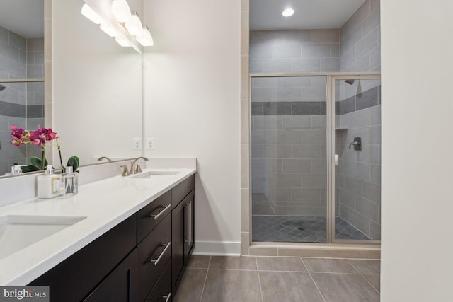 1107 S Walter Reed Dr S Unit 502, Arlington, VA 22204 - bathroom with double vanity, a shower stall, tile patterned flooring, baseboards, and recessed lighting