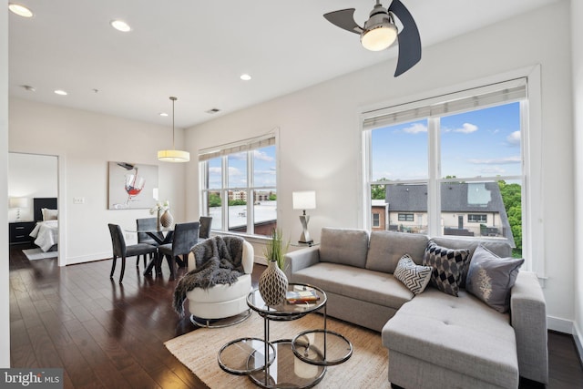 1107 S Walter Reed Dr S Unit 502, Arlington, VA 22204 - living room with dark wood-style floors, a ceiling fan, baseboards, and recessed lighting