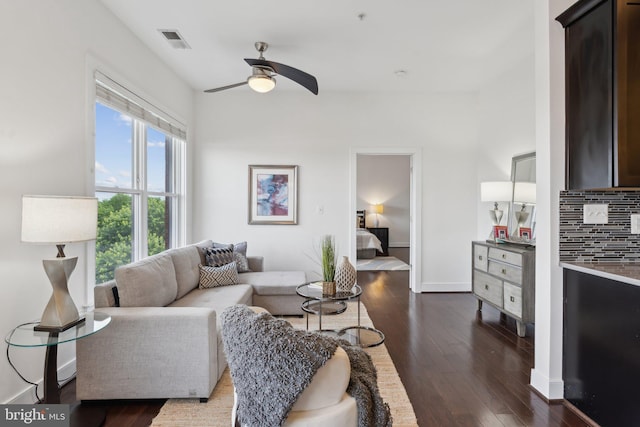 1107 S Walter Reed Dr S Unit 502, Arlington, VA 22204 - living room with a ceiling fan, dark wood-type flooring, and baseboards