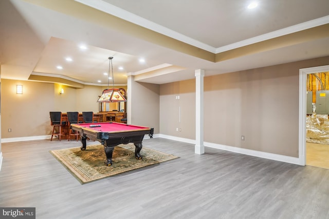 2375 Ballenger Creek Pike, Adamstown, MD 21710 - playroom featuring crown molding, baseboards, recessed lighting, a raised ceiling, and wood finished floors