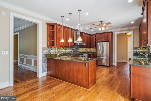 2375 Ballenger Creek Pike, Adamstown, MD 21710 - kitchen with appliances with stainless steel finishes, open shelves, wall chimney exhaust hood, a peninsula, and a sink