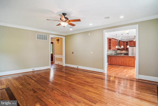2375 Ballenger Creek Pike, Adamstown, MD 21710 - unfurnished living room with a ceiling fan, light wood finished floors, recessed lighting, ornamental molding, and baseboards