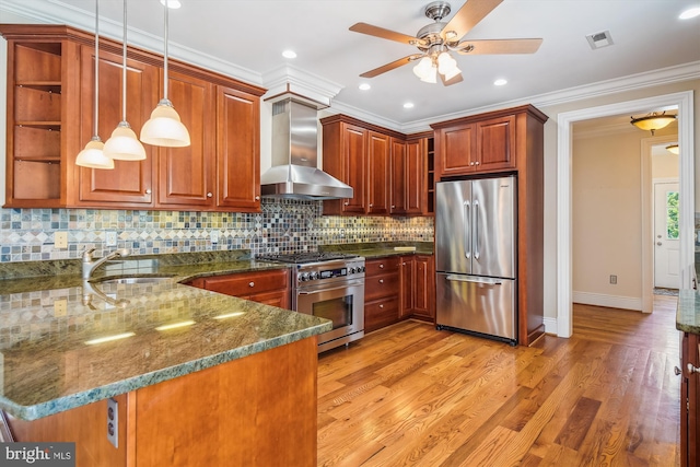 2375 Ballenger Creek Pike, Adamstown, MD 21710 - kitchen with appliances with stainless steel finishes, wall chimney range hood, a sink, open shelves, and ceiling fan