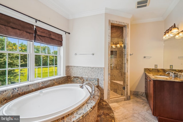2375 Ballenger Creek Pike, Adamstown, MD 21710 - full bathroom featuring vanity, a garden tub, a shower stall, crown molding, and marble finish floors