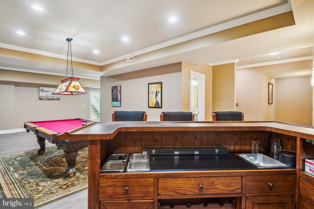 2375 Ballenger Creek Pike, Adamstown, MD 21710 - playroom featuring wood finished floors, crown molding, billiards, recessed lighting, and baseboards