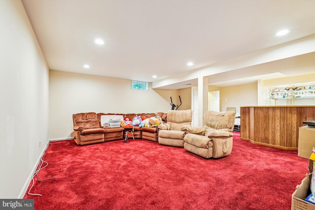 14616 Orangewood St, Silver Spring, MD 20905 - carpeted living room featuring bar, recessed lighting, and baseboards