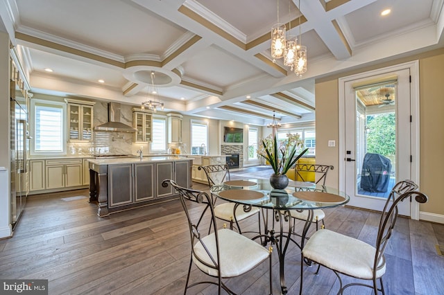 1600 Great Falls St, Mclean, VA 22101 - dining area featuring a chandelier, dark wood-style flooring, plenty of natural light, beam ceiling, and coffered ceiling