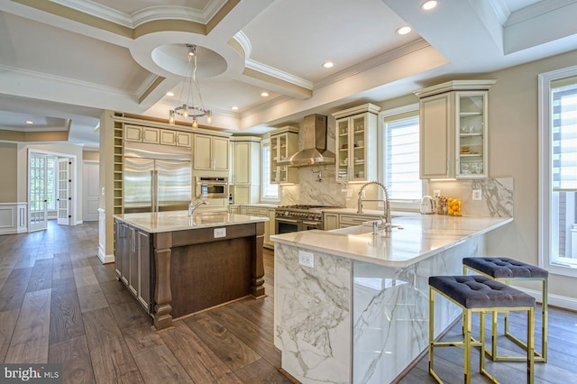 1600 Great Falls St, Mclean, VA 22101 - kitchen with wall chimney exhaust hood, high end appliances, dark wood finished floors, a sink, and coffered ceiling