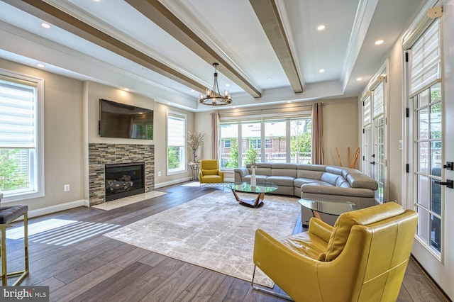 1600 Great Falls St, Mclean, VA 22101 - living room featuring a chandelier, wood finished floors, beamed ceiling, a stone fireplace, and baseboards