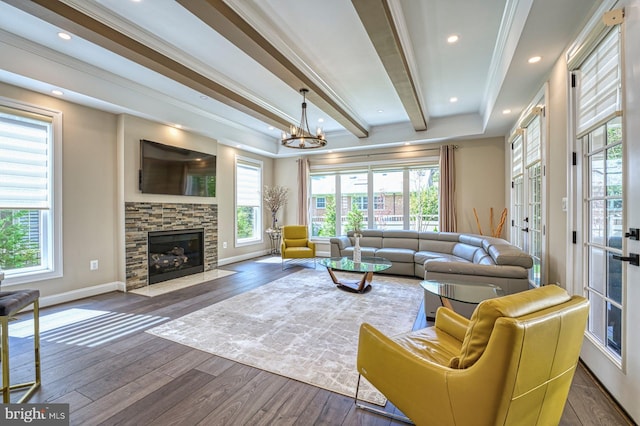 1600 Great Falls St, Mclean, VA 22101 - living room featuring a chandelier, wood finished floors, beamed ceiling, a fireplace, and baseboards