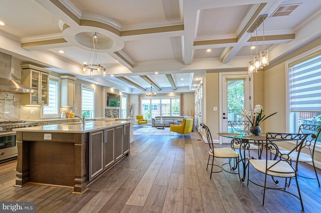 1600 Great Falls St, Mclean, VA 22101 - kitchen featuring coffered ceiling, high end stove, open floor plan, dark wood-type flooring, and light countertops