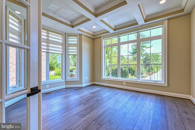 1600 Great Falls St, Mclean, VA 22101 - spare room featuring ornamental molding, baseboards, wood-type flooring, beam ceiling, and coffered ceiling