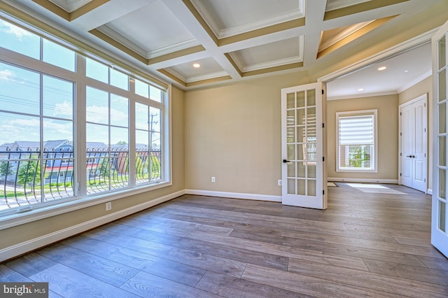 1600 Great Falls St, Mclean, VA 22101 - unfurnished room featuring french doors, crown molding, healthy amount of natural light, coffered ceiling, and wood-type flooring