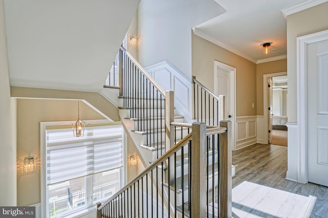 1600 Great Falls St, Mclean, VA 22101 - stairway with wood finished floors, wainscoting, a decorative wall, and crown molding