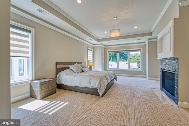 1600 Great Falls St, Mclean, VA 22101 - bedroom with light carpet, baseboards, ornamental molding, a raised ceiling, and a fireplace