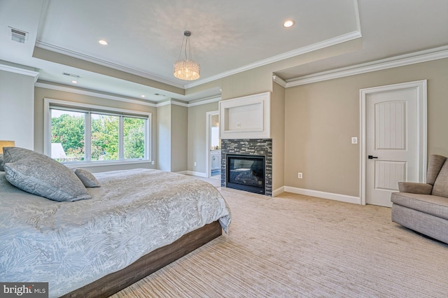 1600 Great Falls St, Mclean, VA 22101 - bedroom featuring crown molding, baseboards, a tray ceiling, light carpet, and recessed lighting