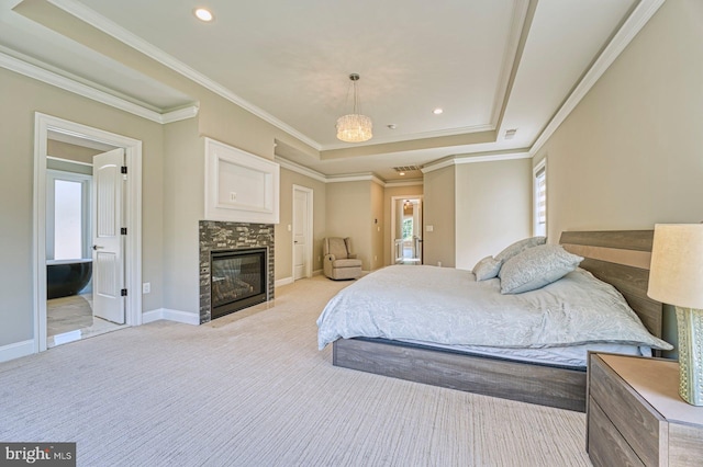 1600 Great Falls St, Mclean, VA 22101 - bedroom with light colored carpet, recessed lighting, crown molding, a glass covered fireplace, and a tray ceiling