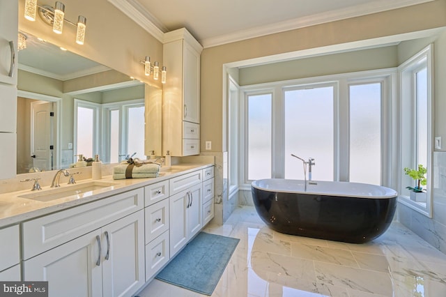 1600 Great Falls St, Mclean, VA 22101 - full bathroom featuring a freestanding bath, double vanity, marble finish flooring, healthy amount of natural light, and ornamental molding