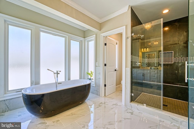 1600 Great Falls St, Mclean, VA 22101 - full bath with crown molding, a freestanding bath, healthy amount of natural light, marble tiled floors, and recessed lighting
