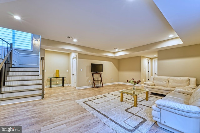 1600 Great Falls St, Mclean, VA 22101 - living room featuring light wood finished floors, stairway, baseboards, recessed lighting, and a tray ceiling