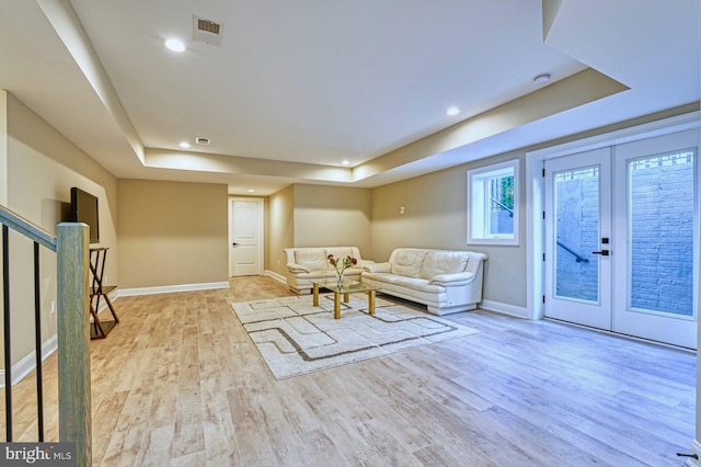 1600 Great Falls St, Mclean, VA 22101 - living room with a tray ceiling, french doors, baseboards, light wood-style floors, and recessed lighting
