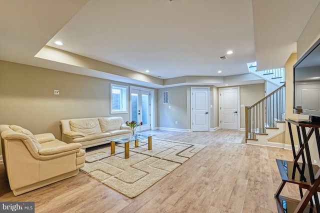 1600 Great Falls St, Mclean, VA 22101 - living area featuring stairs, wood finished floors, french doors, baseboards, and recessed lighting