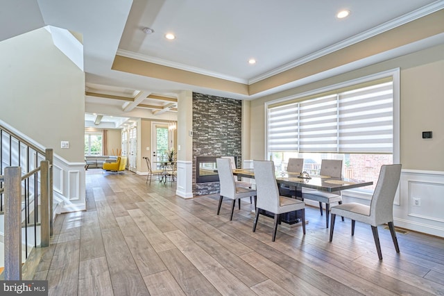 1600 Great Falls St, Mclean, VA 22101 - dining area with ornamental molding, wood-type flooring, wainscoting, stairway, and a decorative wall
