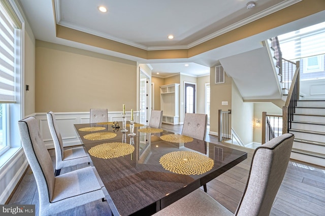 1600 Great Falls St, Mclean, VA 22101 - dining area featuring healthy amount of natural light, wood finished floors, recessed lighting, ornamental molding, and stairs