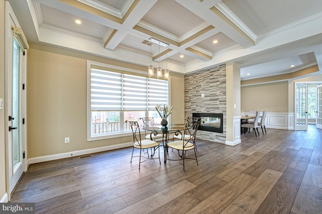 1600 Great Falls St, Mclean, VA 22101 - dining room featuring dark wood-style flooring, beam ceiling, ornamental molding, coffered ceiling, and a tiled fireplace