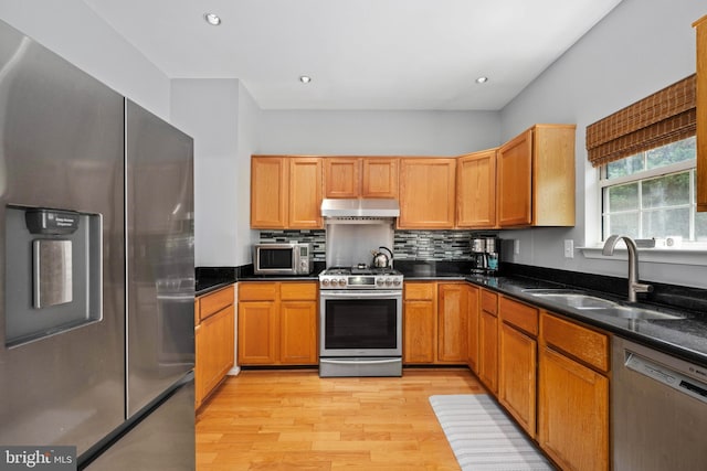 6164 Kendra Way, Centreville, VA 20121 - kitchen with appliances with stainless steel finishes, under cabinet range hood, a sink, light wood-type flooring, and recessed lighting