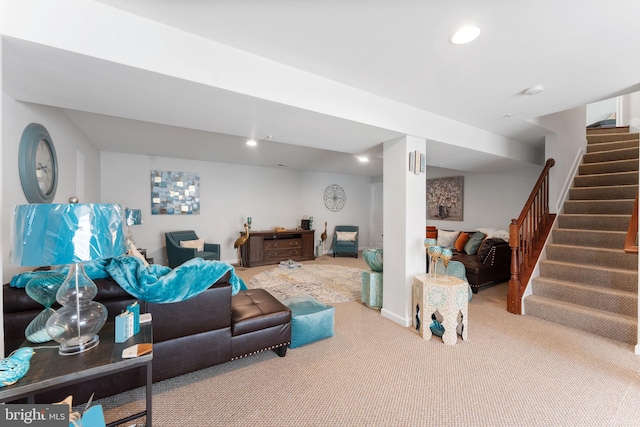 14207 Pollin St, Accokeek, MD 20607 - living area featuring carpet floors, stairs, and recessed lighting