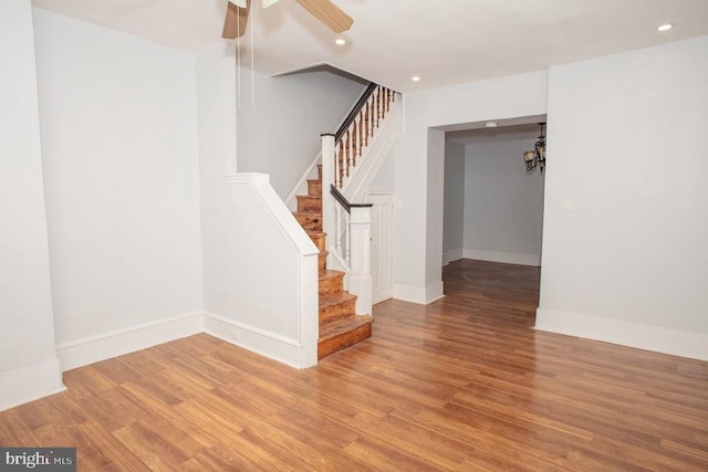 1626 N 30th St, Philadelphia, PA 19121 - stairs featuring recessed lighting, wood finished floors, a ceiling fan, and baseboards