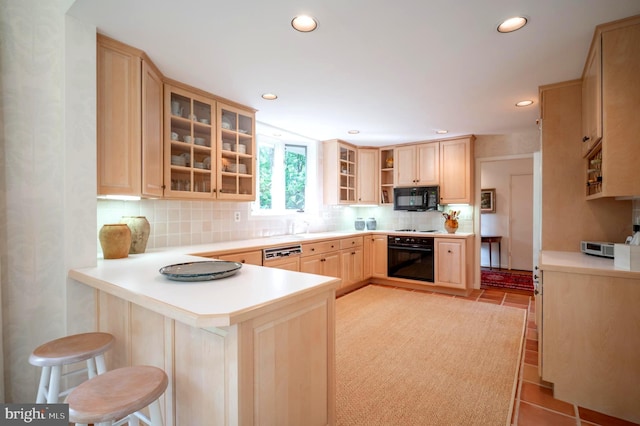 6501 Menlo Rd, Mclean, VA 22101 - kitchen featuring black appliances, light brown cabinets, a peninsula, open shelves, and tasteful backsplash