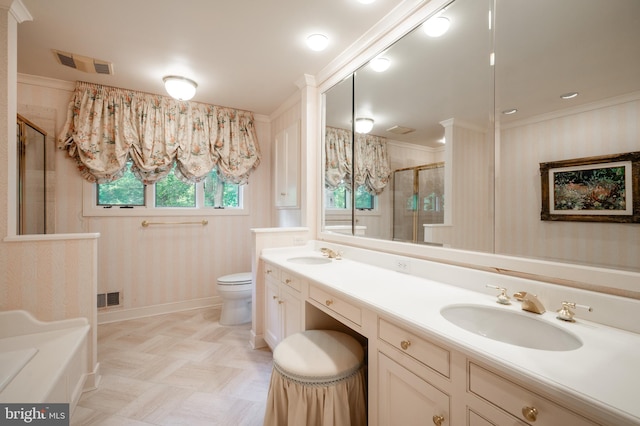 6501 Menlo Rd, Mclean, VA 22101 - bathroom with a shower stall, double vanity, toilet, baseboards, and ornamental molding
