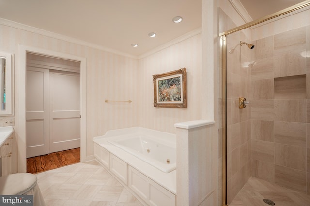 6501 Menlo Rd, Mclean, VA 22101 - bathroom featuring a tub with jets, crown molding, a shower stall, vanity, and recessed lighting