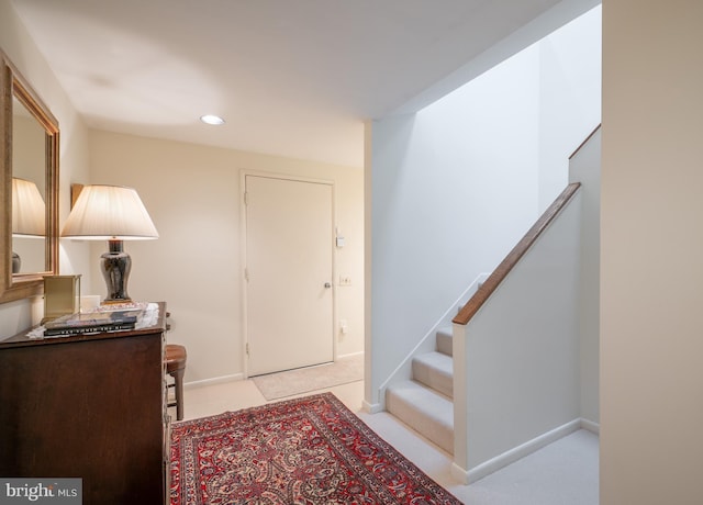 6501 Menlo Rd, Mclean, VA 22101 - foyer entrance featuring recessed lighting, stairway, light carpet, and baseboards