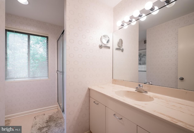 6501 Menlo Rd, Mclean, VA 22101 - bathroom featuring wallpapered walls, vanity, and a shower stall