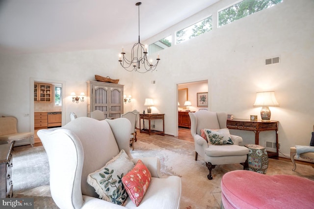 6501 Menlo Rd, Mclean, VA 22101 - living area with a chandelier and high vaulted ceiling