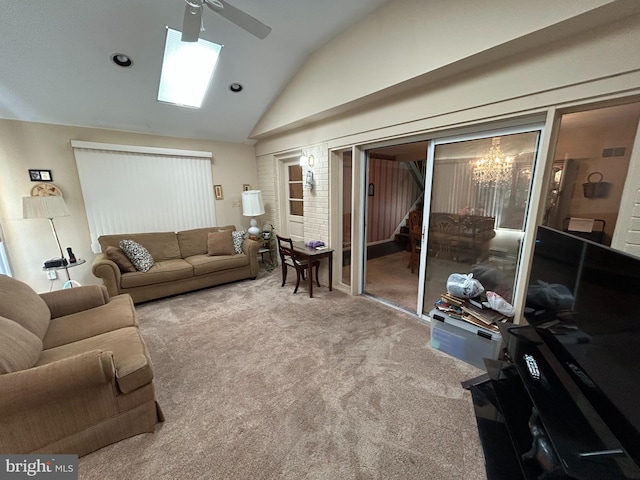 13012 Daley St, Silver Spring, MD 20906 - living room with lofted ceiling, a ceiling fan, stairway, carpet, and a chandelier