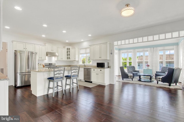 3 Rycroft Rd, Mechanicsburg, PA 17050 - kitchen featuring stainless steel appliances, under cabinet range hood, open floor plan, white cabinets, and a kitchen breakfast bar