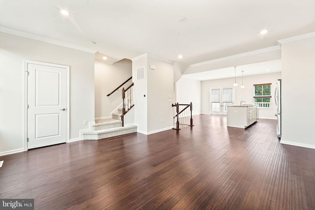 1307 Kohana Dr, Clarksboro, NJ 08020 - unfurnished living room featuring a sink, dark wood finished floors, ornamental molding, recessed lighting, and baseboards