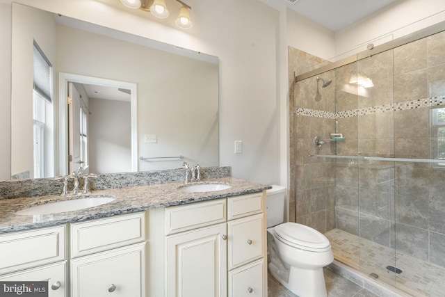 1307 Kohana Dr, Clarksboro, NJ 08020 - bathroom with a stall shower, double vanity, toilet, and plenty of natural light