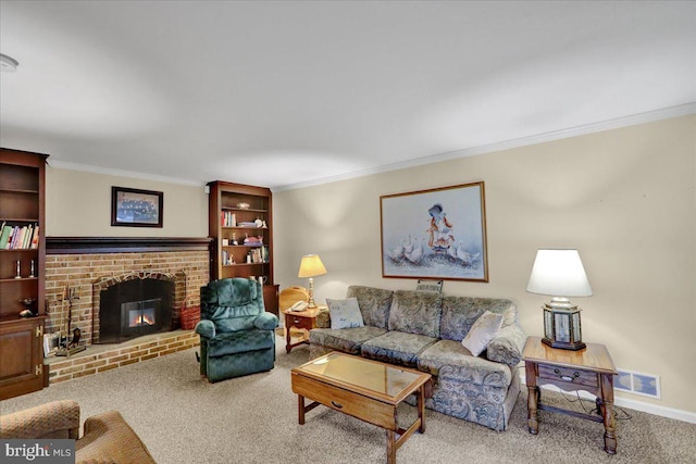 2110 Buckman Ave, Reading, PA 19610 - living room with carpet floors, ornamental molding, a brick fireplace, and baseboards
