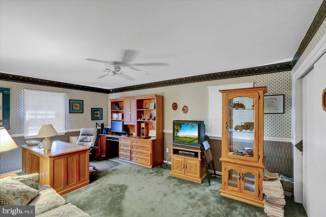 2110 Buckman Ave, Reading, PA 19610 - office space with wallpapered walls, wainscoting, ornamental molding, light carpet, and a ceiling fan
