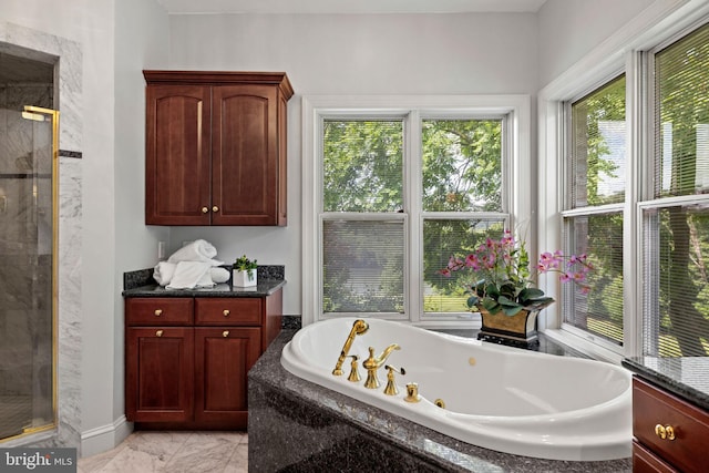 77 Lionheart Ter, Falling Waters, WV 25419 - full bathroom with a stall shower, marble look tile flooring, and a whirlpool tub